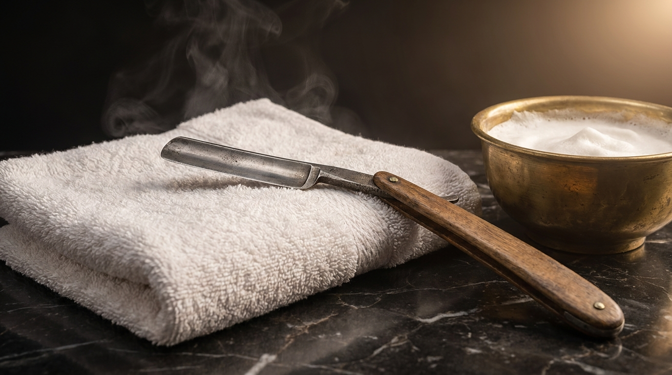 Hot towel and straight razor on marble counter